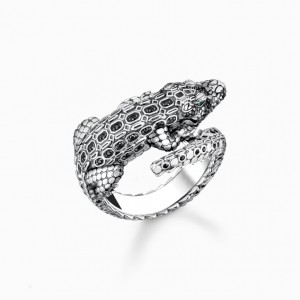 Thomas Sabo Blackened Silver Ring Crocodile With Black And Green Stones Prstene Damske Strieborne | SK-82PQJAKOH