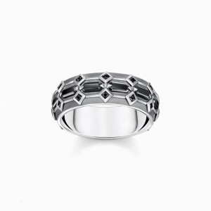 Thomas Sabo Blackened Silver Ring Siroke Topanky Crocodile Shell With Black Stones Prstene Panske Strieborne | SK-25HQSGAME