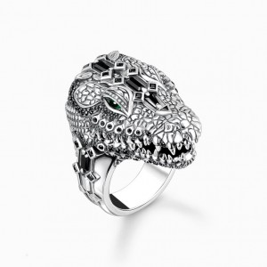 Thomas Sabo Blackened Silver Ring With Crocodile Head And Black And Green Stones Prstene Damske Strieborne | SK-28DQTVONS