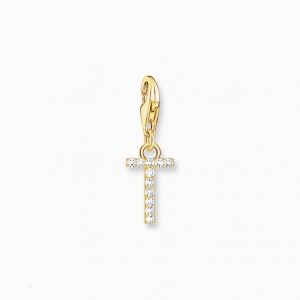 Thomas Sabo Charm Pendant Letter T With White Stones Gold Plated Prívesky Damske Žlté Zlate Strieborne | SK-65RJBQPTG