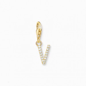 Thomas Sabo Charm Pendant Letter V With White Stones Gold Plated Prívesky Damske Žlté Zlate Strieborne | SK-97EMCRFAN