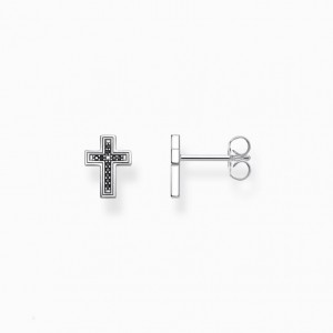 Thomas Sabo Ear Studs Cross Black Puzetove Nausnice Panske Strieborne | SK-37ZEAPDNS