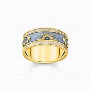 Thomas Sabo Gold-Plated Band Ring With Blue Cold Enamel And Cosmic Symbols Prstene Damske Žlté Zlate Strieborne | SK-53AIXMTGD