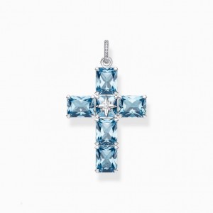 Thomas Sabo Pendant Cross With Large Aquamarine-Coloured Stones And Star Silver Prívesky Damske Strieborne | SK-01SLMVFEO