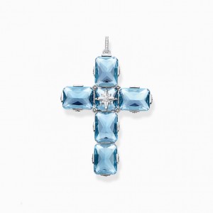 Thomas Sabo Pendant Cross With Large Aquamarine-Coloured Stones And Star Silver Prívesky Damske Strieborne | SK-03VOHFZBC