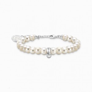 Thomas Sabo Silver Charm Member Bracelet With White Oval-Shaped Pearls Naramok Damske Strieborne | SK-64LOSPVQG
