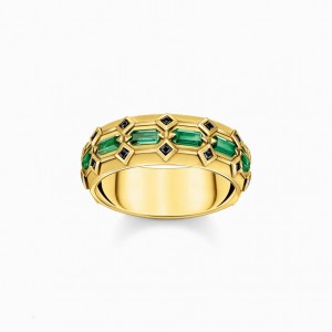 Thomas Sabo Siroke Topanky Gold Plated Ring In Crocodile Design With Green Stones Prstene Panske Žlté Zlate Strieborne | SK-61GBOVJAF